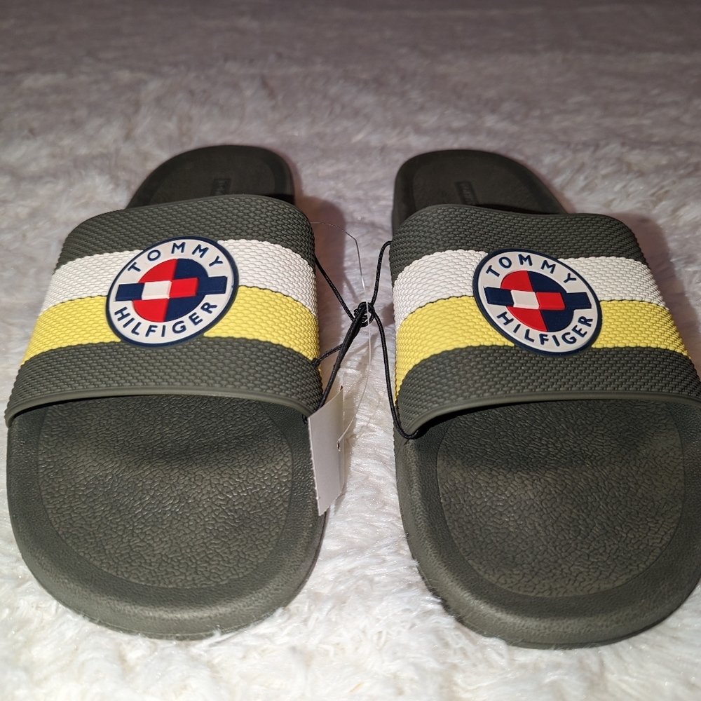 Nwt Tommy Hilfiger Men's olive/neon slides/sandals - Picture 8 of 15